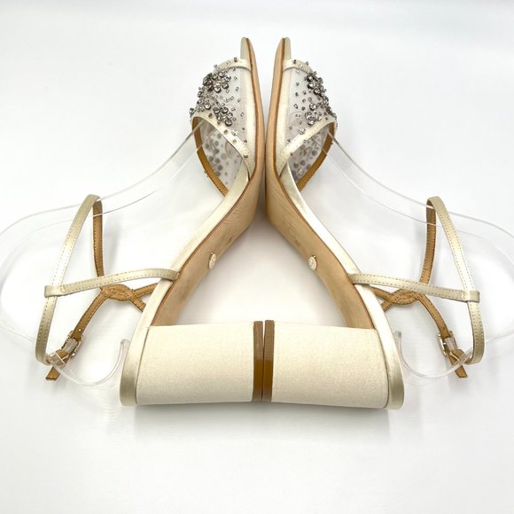 Badgley Mischka Size 8.5 Blaine Ivory Satin Jeweled Dress Sandals Heels Shoes - Picture 8 of 12
